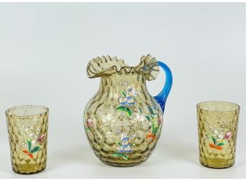 (3) PIECE HAND PAINTED VICTORIAN GLASS SET