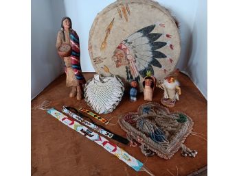 Vintage Native American Indian Lot: Dolls, Bead Work, Whimsey Cushion, Drum - See List Inside