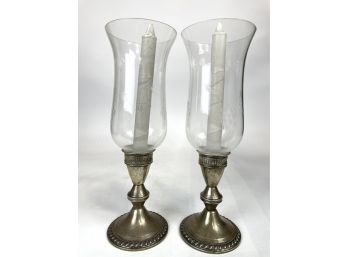 Pair Of Sterling Weighted Base Candlestick Holders With Etched Glass Hurricane Shades