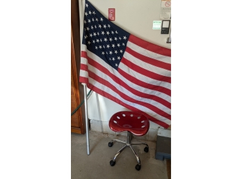 Red Stool And American Flag With Pole