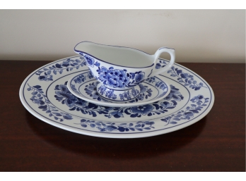 Blue & White Gravy Bowl With Underplate & Oval Platter