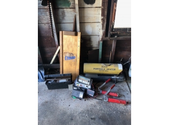 Garage Items - Portable Heater, Cables, Creeper, Etc.