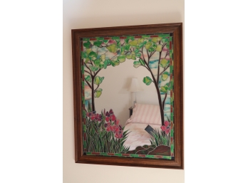 Wood Framed Mirror With Stained Glass  31 1/2' X 25 1/2'