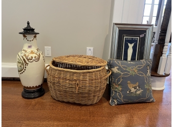 Misc Items - Covered Vase, Basket, Pillows & Wall Art