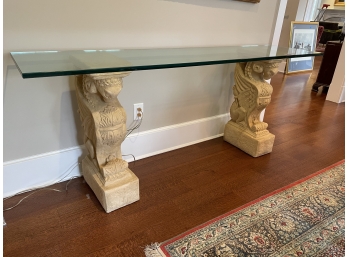 Glass Topped Pedestal Table - Hollow Stone Bases - 31' X 76' X 18'