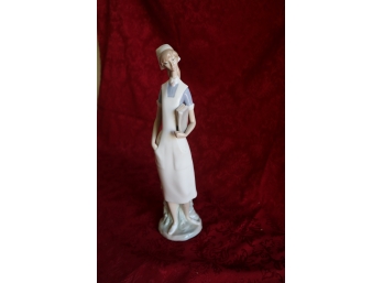 Nurse Figurine In Glossy Porcelain With White And Blue Uniform. 13 1/2' H