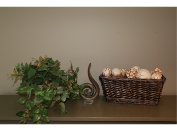 Misc Decorative Items - Faux Plant, Basket With Decorative Orbs, Art Glass