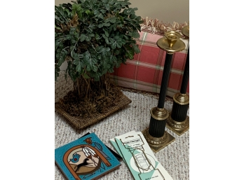 Misc Items - Faux Plant, Pillow, Candlesticks, Plate Holders & Trivets