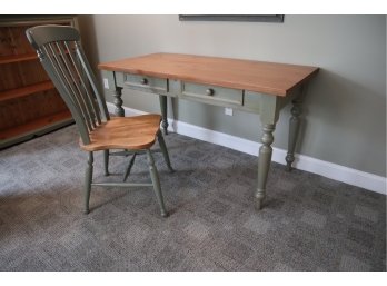 Pine Desk & Chair  - Olive Green Painted Desk With Two Drawers - Matching Chair