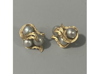 14K Gold And Blue Grey Natural Pearl Pressure Clasp Clip On  Earrings Luxurious