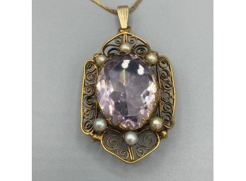 Antique Victorian 10k Gold Mourning Locket Pendant Necklace Amethyst And Seed Pearls Ornate Filigree