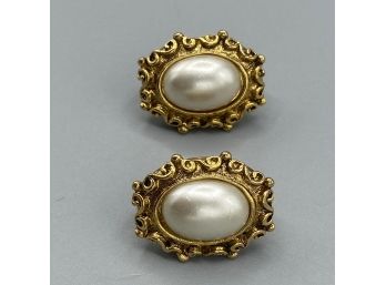 Vintage Pearl Oval Cabochon Gold Vanity Bezel Victorian Pierced Earrings