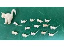 Miniature Cat And 22 Mice Made From Bone Or Horn Or Antler
