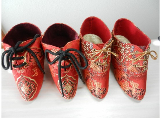 Vintage 2 Pairs Ornate Red Satin Shoes For Bound Feet  Lotus Foot   (DP69)