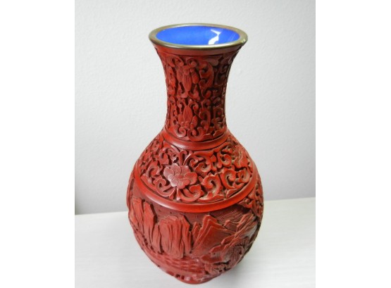 Vintage Cinnabar Vase With Blue Interior 8   (DP64)
