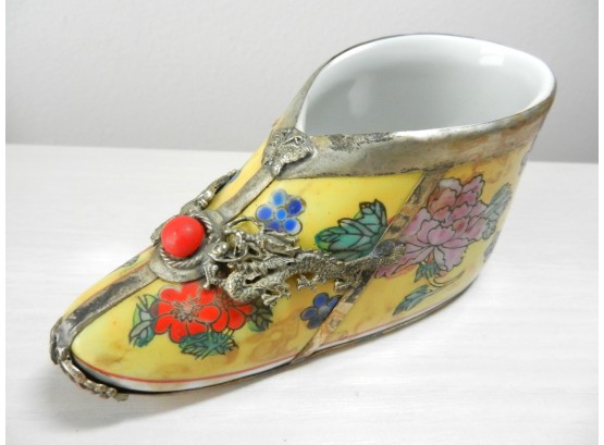 Vintage Yellow Porcelain And Metal Cage Lotus Shoe -  Makers Mark   (DP70)