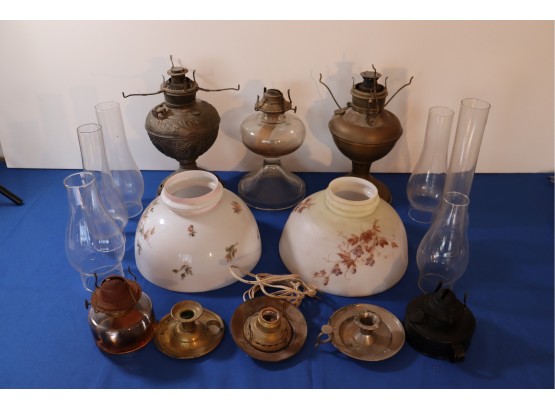 Lot 281- Antique Oil Lamp 16 Piece Lot - Lamps - Shades - Hurricane Globes - Bases - Rare Tall Chimneys