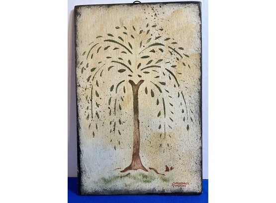 Lot 73- Primitive Willow Tree Painting On Wood By Christopher Gorshaw Newburyport, Ma