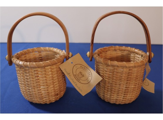 Lot 404 -SECOND CHANCE - Pair Of Nantucket Home Baskets With Tags - Wicker And Wood - Country Decor