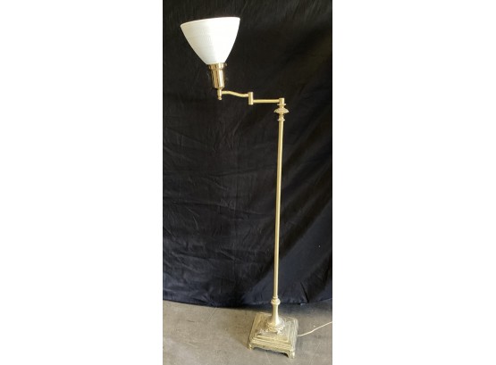 Brass Swing Arm Floor Lamp With Milk Glass Shade