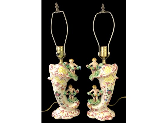 Mid-Century Italian Porcelain Cherub Table Lamps (WORKS) - #W1