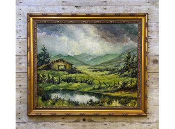 River Valley Cabin By Breider - Antique Gilded Wood Frame Oil Painting