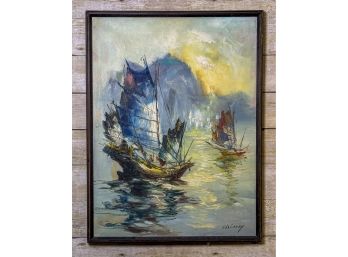 Yin Wan Leung Harbor Sailboat Scene - Oil On Canvas In Vintage Black Frame