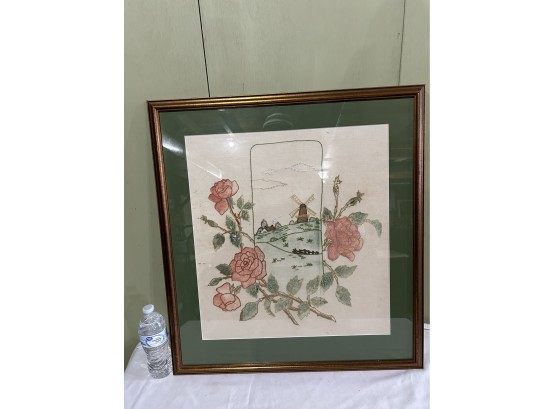 Framed Linen Roses And Windmill