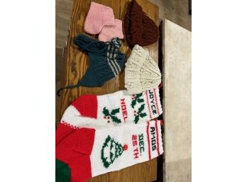 2 Christmas Stalkings, 3 Vintage Winter Hats And 1 Pair Of Children's Booties