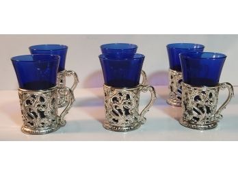 Set Of Six Vintage Cordial Cups With Cobalt Blue Glass Inserts