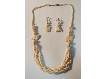 Beaded And Carved Bone Necklace And Matching Earrings