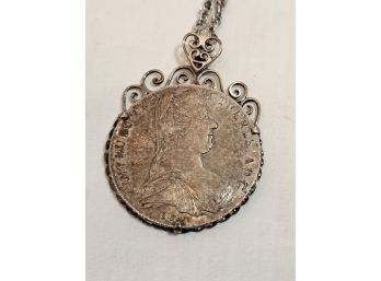 Austrian Maria Theresa Coin In Sterling Setting With Costume Chain