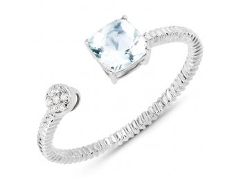 0.52 Carat Genuine Aquamarine And White Diamond 14K White Gold Ring