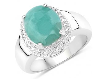 4.72 Carat Genuine Emerald And White Diamond .925 Sterling Silver Ring