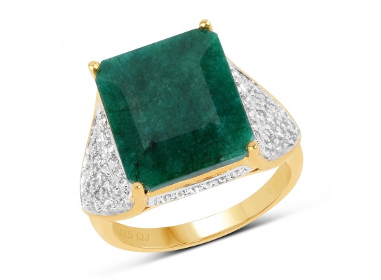 14K Yellow Gold Plated 8.73 Carat Emerald & White Topaz .925 Sterling Silver Ring