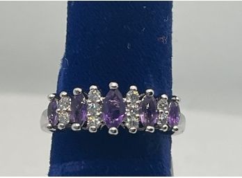 Genuine Amethyst And CZ Diamond Marquis Cut Anniversary Band Ring Size 7.5