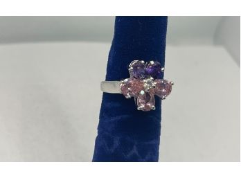 Amethyst And Pink & White Zircon Flower Ring In Silver Size 6  See Matching Necklace