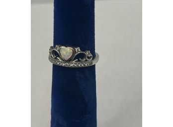 Sterling Silver 925 Heart Shaped Opal And Diamond Crown Ring Size 5