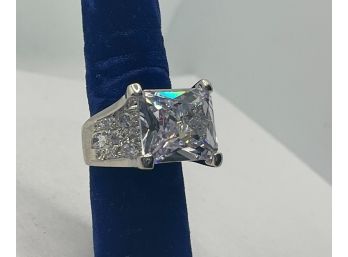 10 Carat Radiant Cut Massive Center Stone With 5 Carat Accent Stones Diamond Ring CZ Silver Size 9.5
