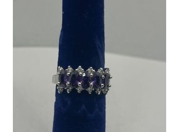 Size 7 Amethyst And Diamond Marquis Cut Anniversary Band Sterling Silver 925