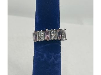 Sterling Silver 925 Diamond And Pink  And White Zircon Anniversary Band Size 7.5