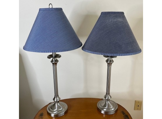 Pair Of Brushed Nickel Candlestick Lamps With Blue Shades 29' H