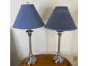 Pair Of Brushed Nickel Candlestick Lamps With Blue Shades 29' H