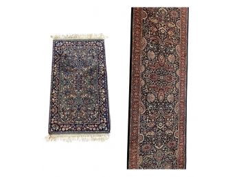 Two Rugs - Navy Maroon Runner 26.5 X 122 & Blue And Rose Small Wool Rug 22 X 42