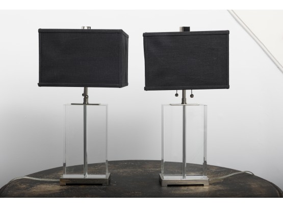 Modern Glass Lamps With Black Shades- A Pair