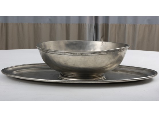 Match Pewter Low Footed Oval Bowl And Pewter Oval Platter Made In Italy