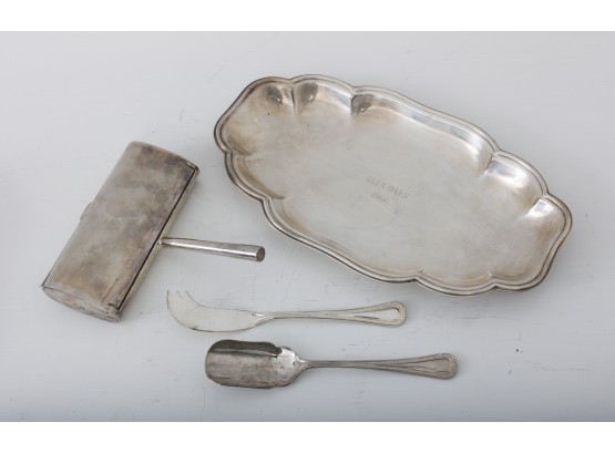 Assortment Of Silver Plate Items Including Silent Butler, Tray And Desert Serving Utensils