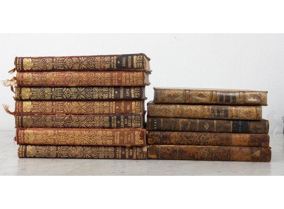 Set Of 12 Antique Leather Bound Books Kipling/scott.