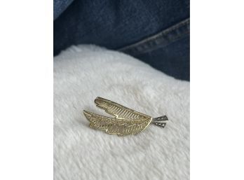 Gold Toned Sterling Silver Open Work Filigree Feather Brooch / Pin With Marcasite Accents, Marked Sterling