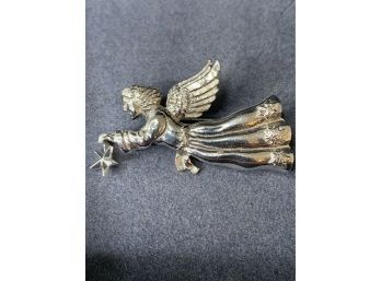 Vintage Estate Brooch, Silver Plated Angel Holding A Dangling Star, Brooch/pin, Stamped A1